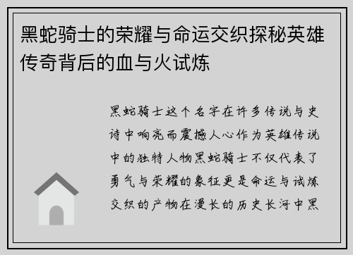 黑蛇骑士的荣耀与命运交织探秘英雄传奇背后的血与火试炼